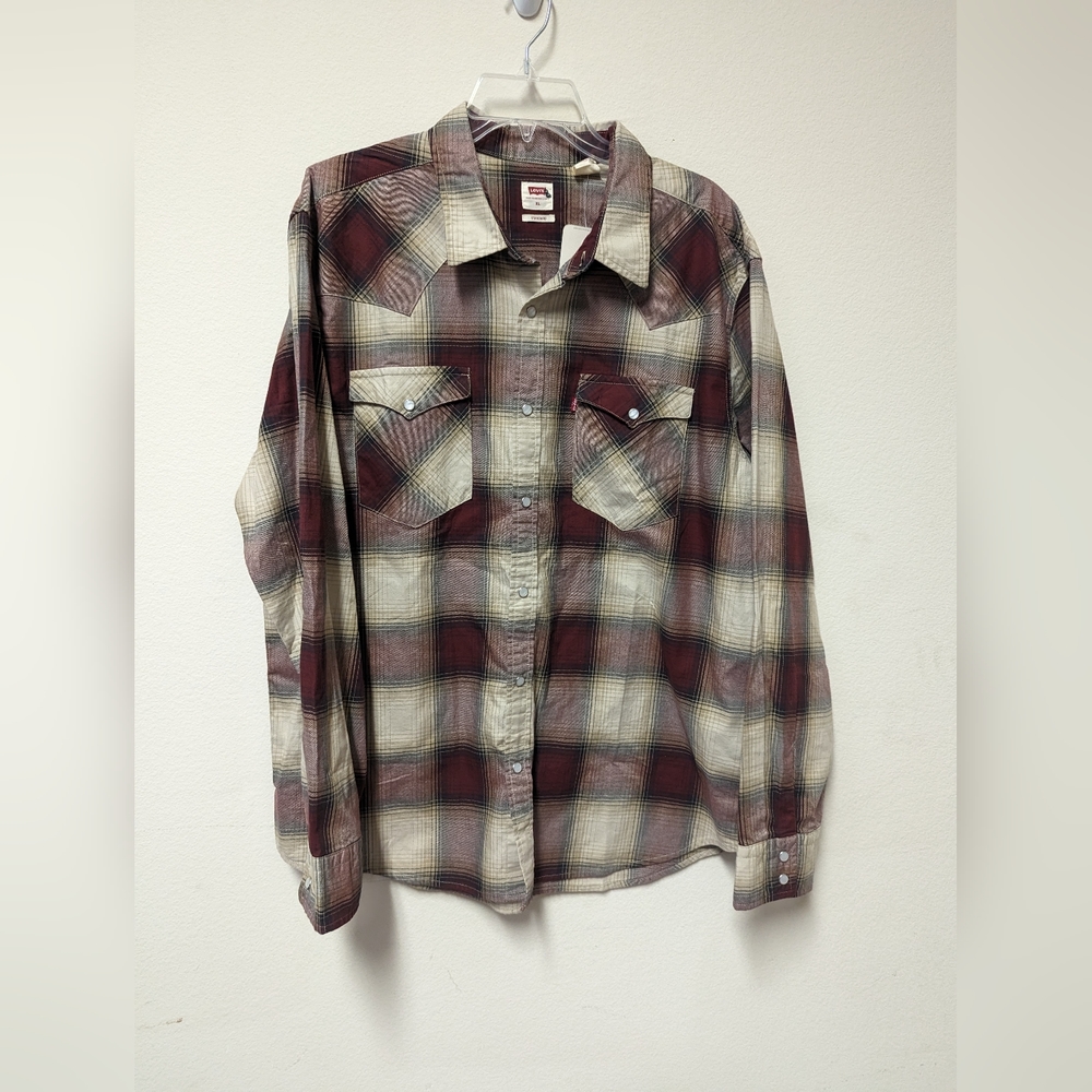 Levi's Men’s XL “THE WESTERN” LS Pearl Snap Button Shirt - Plaid Wine Red NEW